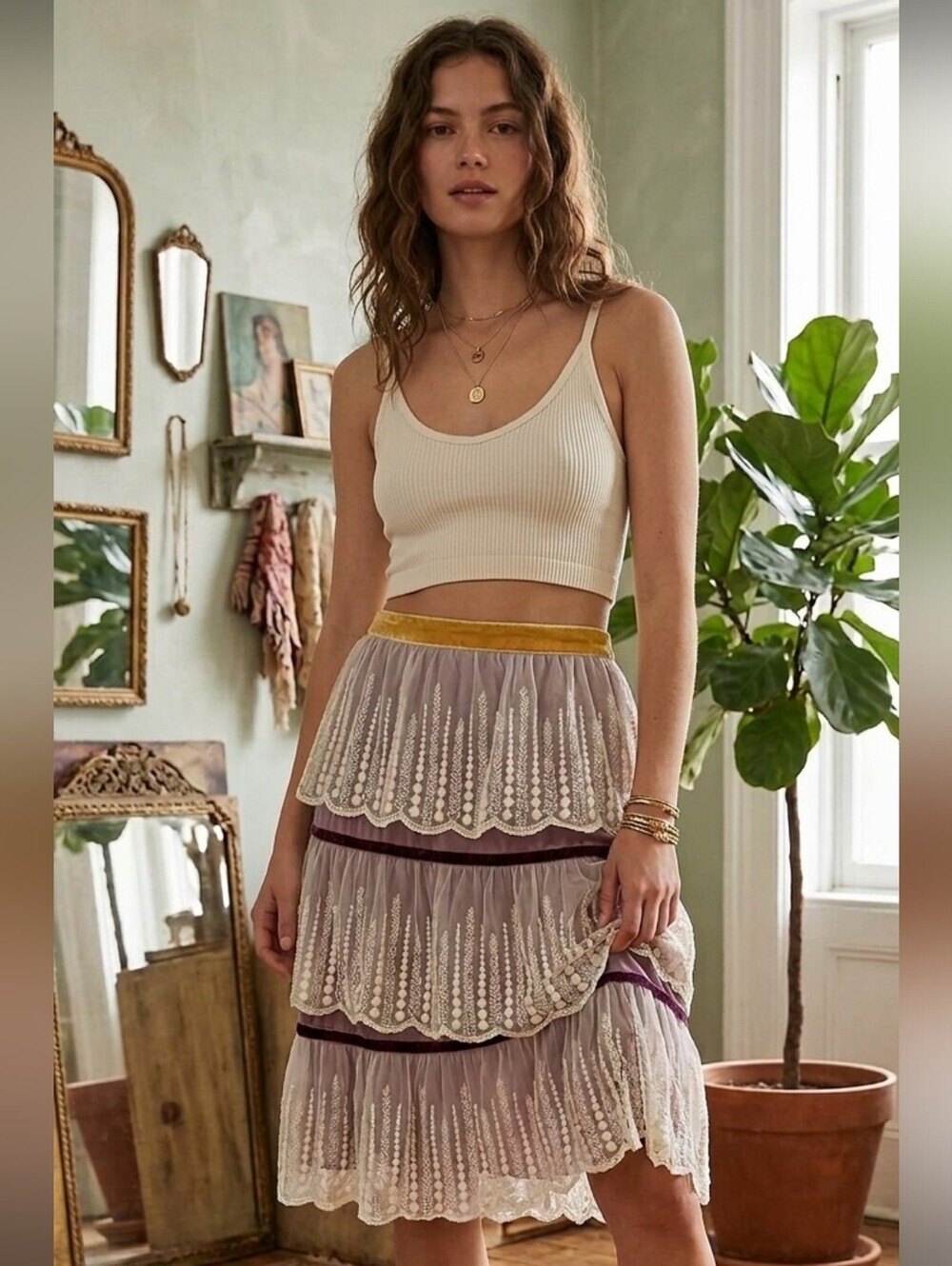 Anthropologie Odillie Tiered Lace Fern Skirt Velour Trim Whimsigoth Boho Chic 12